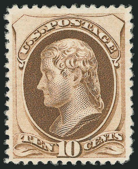 10c Brown, Without Secret Mark (187).> Original gum, lightly hinged, rich color and proof-like impression<><>^VERY FINE. A REMARKABLY FRESH ORIGINAL-GUM EXAMPLE OF THE 10-CENT 1879 AMERICAN BANK NOTE ISSUE
WITHOUT SECRET MARK.^<><>Scott 187 witho