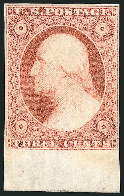 3c Dull Red, Ty. I (11).> Original gum, lightly hinged, huge margins to clear incl. <sheet margin at bottom,> pastel shade, Very Fine and choice, with 1992 P.F. certificate