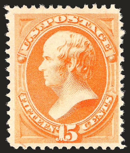15c Orange, Special Printing (199).> Without gum as issued, vivid color, sharp impression<><>^VERY FINE AND CHOICE. ONE OF THE BEST-CENTERED OF THE FEW SOUND 15-CENT 1880 AMERICAN BANK NOTE COMPANY SPECIAL
PRINTING STAMPS EXTANT. PROBABLY FEWER THA