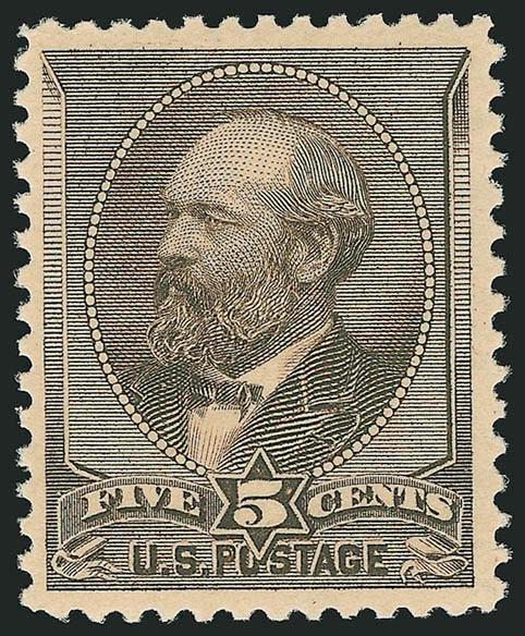 5c Yellow Brown (205).> Mint N.H., deep rich color, wide margins<><>^EXTREMELY FINE. A BEAUTIFUL MINT NEVER-HINGED EXAMPLE OF THE 5-CENT GARFIELD, SCOTT 205.^<><>Ex Vineyard. With 1996 and 2003 P.F. and 2005
P.S.E. certificates (VF-XF 85 SMQ $1,