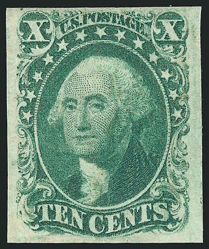 10c Green, Ty. II (14).> Original gum, lightly hinged, large margins to full at top, rich color on crisp paper<><>^VERY FINE AND CHOICE. A BEAUTIFUL ORIGINAL-GUM EXAMPLE OF THE IMPERFORATE 1855 10-CENT TYPE
II.^<><>With 2005 P.F. certificate
