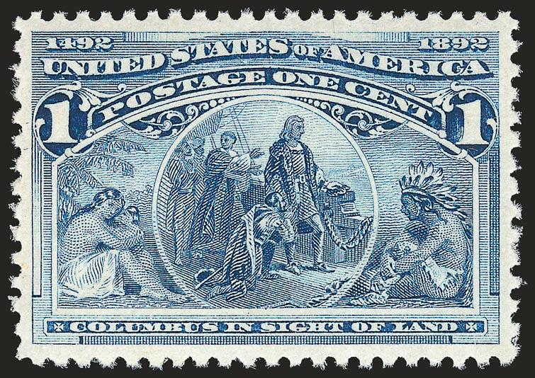 1c Columbian (230).> Mint N.H., radiant color on post-office fresh paper, perfectly centered with wide margins, Extremely Fine Gem, a beautiful stamp, with 2003 P.S.E. certificate (XF-Superb 95 SMQ
$660.00)