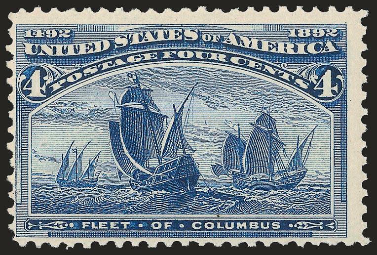 4c Columbian, Error of Color (233a). Mint N.H.,> deep rich color in the darker of the two recognized shades, bright paper, centered to bottom left but with perfs clear of design<><>^FINE AND PRISTINE. ONE OF THE
FEW AVAILABLE MINT NEVER-HINGED EXAM