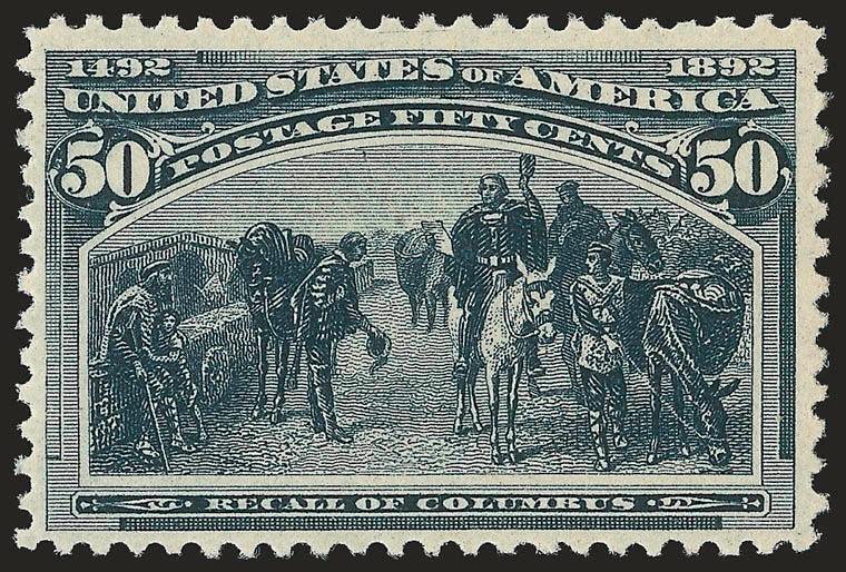 50c Columbian (240).> Mint N.H., deep rich color and proof-like impression, long and full perforations all around, fresh and Very Fine, a beautiful stamp, with 2005 P.S.E. certificate (F-VF 75 SMQ $680.00 as 70,
$1,800.00 as 80)
