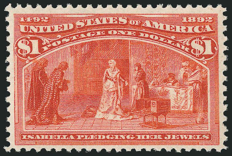 $1.00 Columbian (241).> Mint N.H., brilliant color on bright white paper, beautifully centered with well-balanced margins<><>^EXTREMELY FINE. A GORGEOUS MINT NEVER-HINGED $1.00 COLUMBIAN.^<><>With 2002 and 2004
P.F. certificates, the former as a