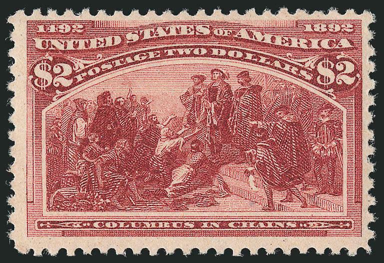 $2.00 Columbian (242).> Mint N.H., intense shade and impression, full perforations all around<><>^FRESH AND FINE. AN ATTRACTIVE MINT NEVER-HINGED EXAMPLE OF THE $2.00 COLUMBIAN.^<><>With 2000 P.F.
certificate