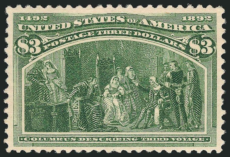 $3.00 Olive Green, Columbian (243a).> Mint N.H., deep rich color and proof-like impression, choice centering for this difficult issue<><>^VERY FINE AND CHOICE. A BEAUTIFUL AND RARE MINT NEVER-HINGED EXAMPLE OF
THE $3.00 COLUMBIAN IN THE DISTINCTIVE