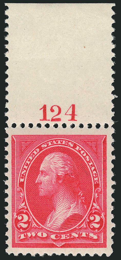 2c Scarlet, Ty. I (250b).> Mint N.H. with <plate no. 124 with wide selvage at top,> radiant color, Jumbo margins, fresh and Extremely Fine, with 2005 P.F. certificate