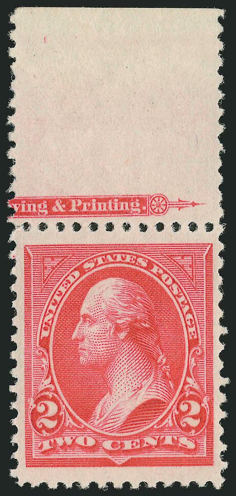 2c Carmine, Ty. II (251).> Mint N.H. with part imprint in full top selvage, radiant color on bright white paper, choice centering<><>^EXTREMELY FINE MINT NEVER-HINGED EXAMPLE OF THE 2-CENT TYPE II 1894
UNWATERMARKED BUREAU ISSUE.^<><>With 2003 P.
