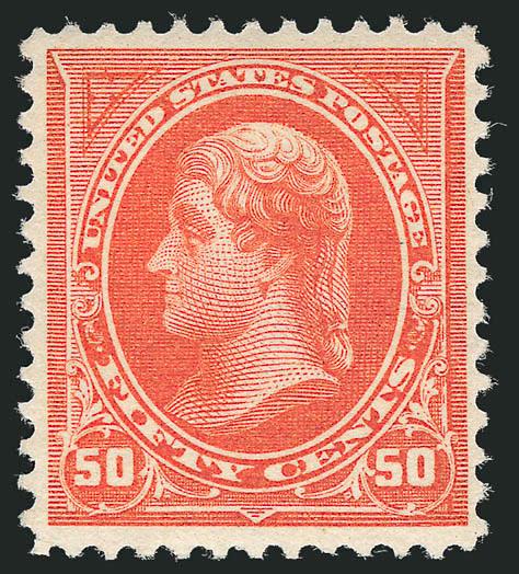50c Orange (260).> Mint N.H., vibrant color, crisp impression, well-proportioned margins<><>^VERY FINE AND CHOICE. A BEAUTIFUL MINT NEVER-HINGED EXAMPLE OF THE 50-CENT 1894 UNWATERMARKED BUREAU ISSUE.^<><>With
1977 and 2004 P.F. certificates