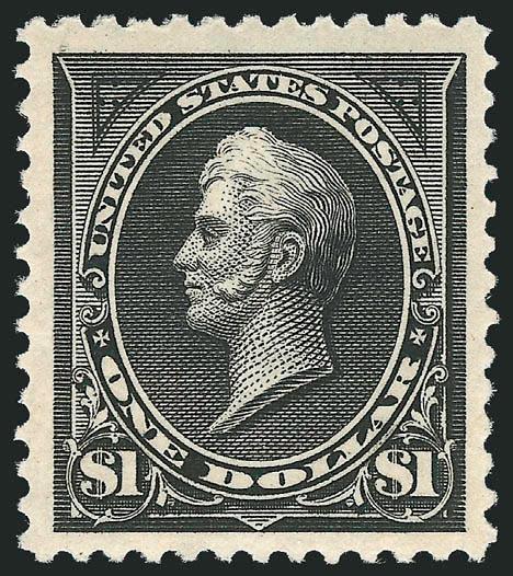 $1.00 Black (261).> Mint N.H., intense shade and proof-like impression on bright paper, well-balanced and enormous margins all around<><>^EXTREMELY FINE GEM. A HUGE MINT NEVER-HINGED EXAMPLE OF THE 1894 $1.00
TYPE I UNWATERMARKED BUREAU ISSUE. A ST