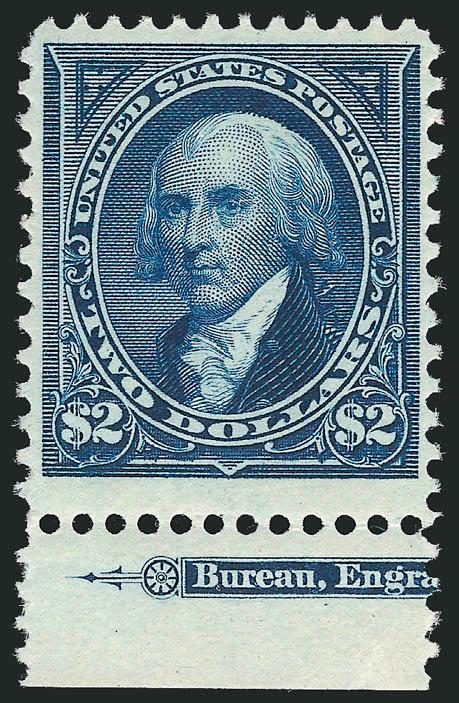 $2.00 Bright Blue (262).> Mint N.H. with <part imprint at bottom,> deep rich color and proof-like impression, well-proportioned margins<><>^EXTREMELY FINE. A BEAUTIFUL AND RARE MINT NEVER-HINGED EXAMPLE OF THE
$2.00 1894 UNWATERMARKED BUREAU ISSUE.