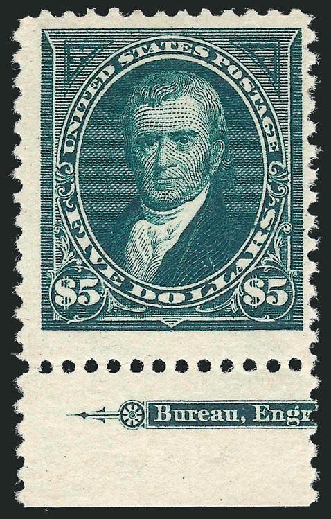 $5.00 Dark Green (263).> Original gum, lightly hinged, <part imprint at bottom,> two enormous margins, deep rich color and proof-like impression<><>^FRESH AND FINE. AN EXCEEDINGLY RARE ORIGINAL-GUM EXAMPLE OF
THE $5.00 1894 UNWATERMARKED BUREAU ISS