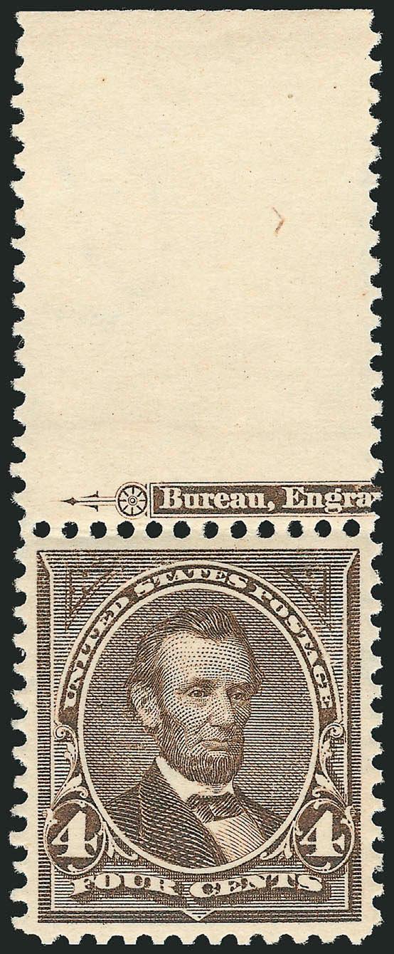 4c Dark Brown (269).> Mint N.H. with part imprint in full top selvage, rich color, perfectly centered with even margins, Extremely Fine, with 2002 P.F. certificate