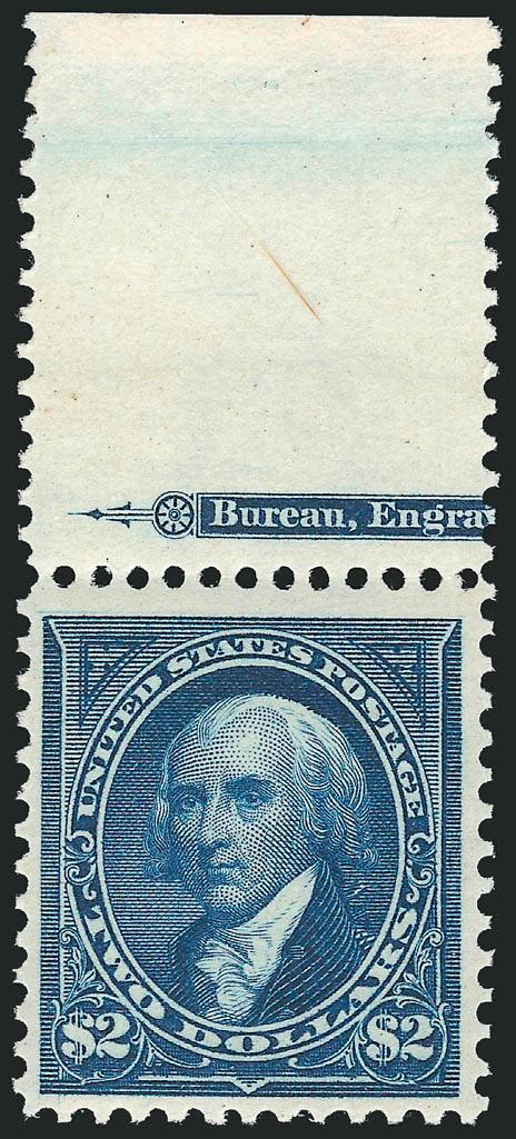 $2.00 Bright Blue (277).> Mint N.H. with <part imprint and wide selvage at top,> intense shade but clearly the Bright Blue color, proof-like impression<><>^VERY FINE AND CHOICE. A SCARCE MINT NEVER-HINGED
EXAMPLE OF THE $2.00 1895 WATERMARKED BUREA