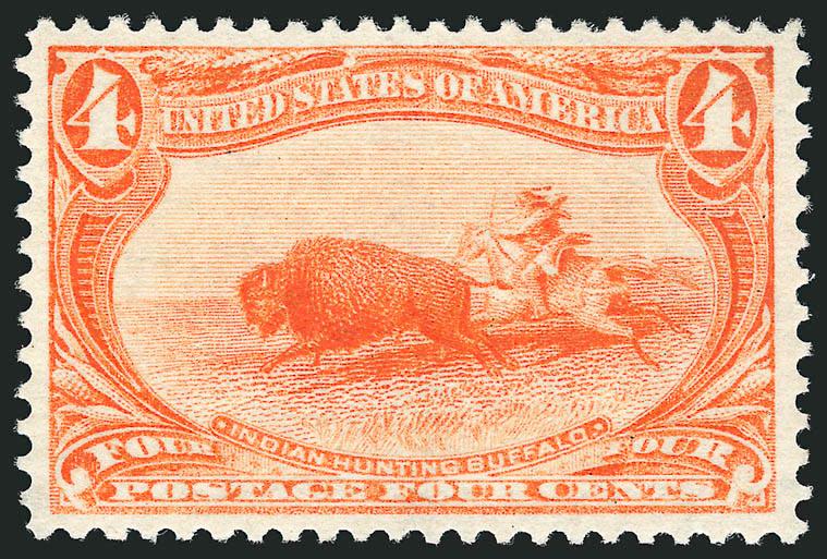 4c Trans-Mississippi (287).> Mint N.H., vibrant color as fresh as the day it was printed, choice centering with well-balanced margins, Extremely Fine, with 2001 P.F. and 2005 P.S.E. certificates (XF 90 SMQ
$1,250.00)