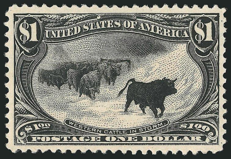 $1.00 Trans-Mississippi (292).> Mint N.H., deep shade and proof-like impression on bright paper, wide margins<><>^EXTREMELY FINE MINT NEVER-HINGED EXAMPLE OF THE $1.00 TRANS-MISSISSIPPI ISSUE, WHICH HAS BEEN
CALLED THE MOST BEAUTIFUL DESIGN IN UNIT