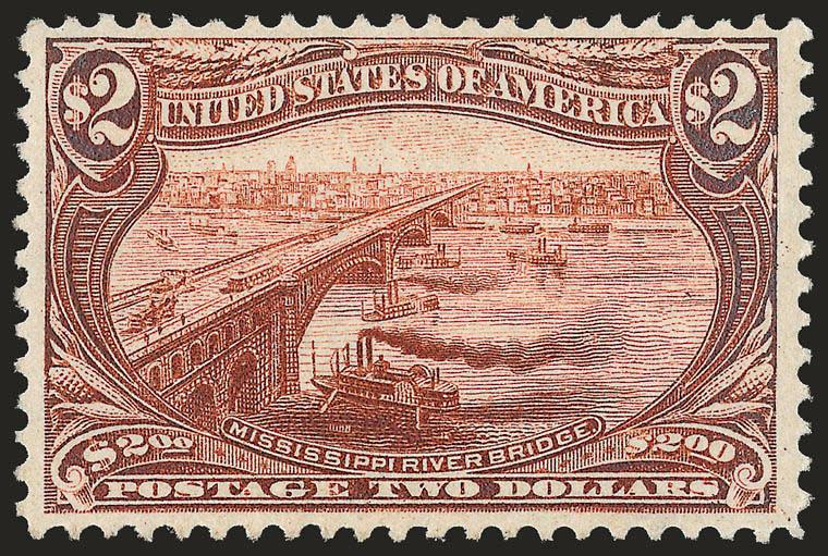 $2.00 Trans-Mississippi (293).> Mint N.H., deep rich color and sharp proof-like impression, wide margins, long and full perforations all around<><>^VERY FINE. A BEAUTIFUL MINT NEVER-HINGED EXAMPLE OF THE $2.00
TRANS-MISSISSIPPI ISSUE.^<><>With 20