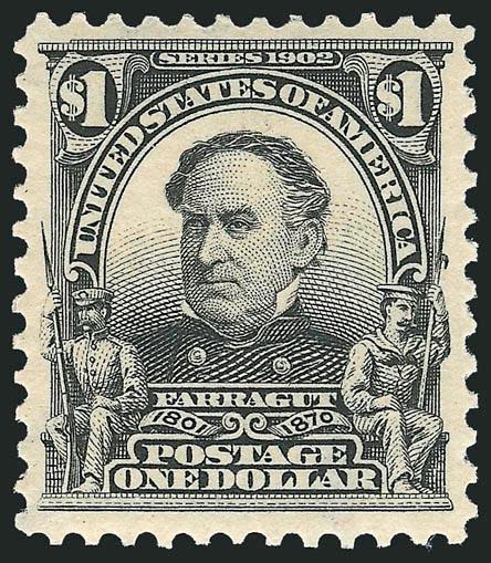 $1.00 Black (311).> Mint N.H., deep shade and proof-like impression on bright paper, wide margins<><>^VERY FINE AND CHOICE. A SCARCE MINT NEVER-HINGED EXAMPLE OF THE $1.00 1902 ISSUE. A BEAUTIFUL STAMP.^<><>A
review of our computerized records in