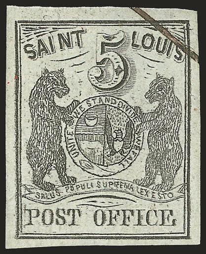 St. Louis Mo., 5c Black on Greenish (11X1).> Type II, Position 3, huge margins all around, crisp impression on beautiful greenish paper, lightly cancelled by single penstroke at top right leaving entire design
clearly visible<><>^EXTREMELY FINE GEM