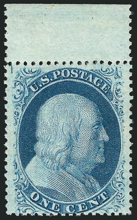 1c Blue, Ty. V (24). Mint N.H. with selvage at top,> deep rich color, wide margins, Very Fine and choice, with 2004 P.S.E. certificate, Scott Retail as hinged