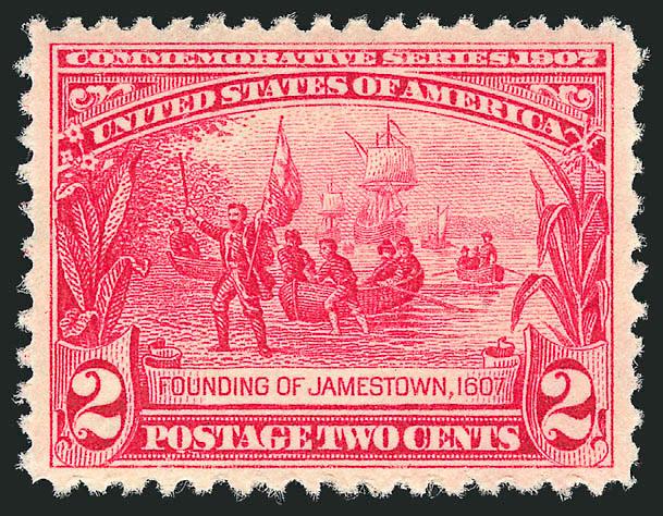 2c Jamestown (329).> Mint N.H., brilliant color on crisp paper, perfectly centered with unusually wide margins for this difficult issue, Extremely Fine Gem, a magnificent stamp in every respect, with 2005 P.S.E.
certificate (XF-Superb 95 Jumbo SMQ $
