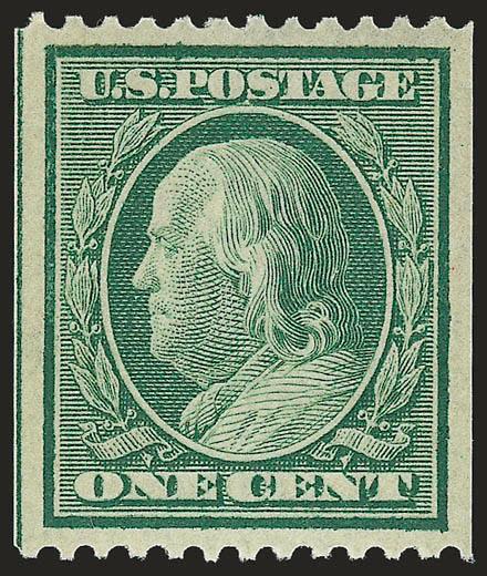 1c Green, Coil (348).> Mint N.H., deep rich color, perfectly centered with wide and balanced margins, Extremely Fine, with 2001 and 2008 P.S.E. certificates (XF 90 SMQ $150.00)