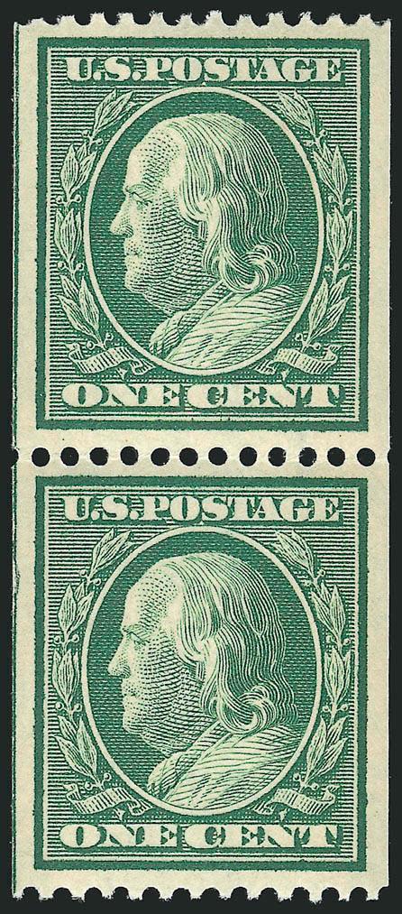 1c Green, Coil (348).> Mint N.H. pair, rich color and proof-like impression, wide margins and choice centering, fresh and Extremely Fine, a beautiful pair, with 2007 P.F. certificate