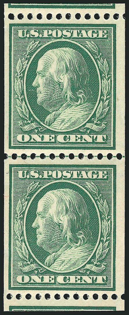 1c Green, Coil (348).> Mint N.H. guide line pair, intact perfs at top and bottom, deep shade, Very Fine and choice, with 2000 P.F. certificate