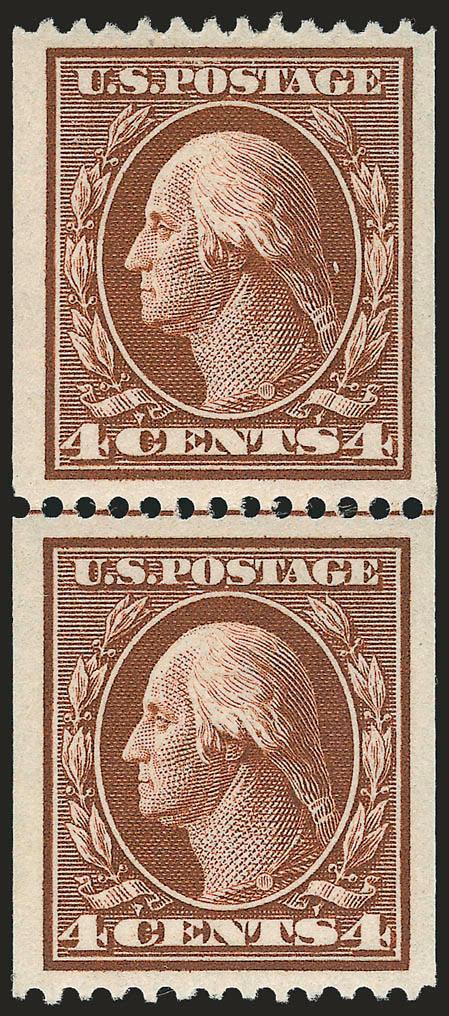4c Orange Brown, Coil (350).> Mint N.H. guide line pair, rich color, proof-like impression, wide margins for this difficult issue<><>^EXTREMELY FINE. A BEAUTIFUL MINT NEVER-HINGED GUIDE LINE PAIR OF THE 4-CENT
HORIZONTAL COIL, SCOTT 350, WHICH HAS