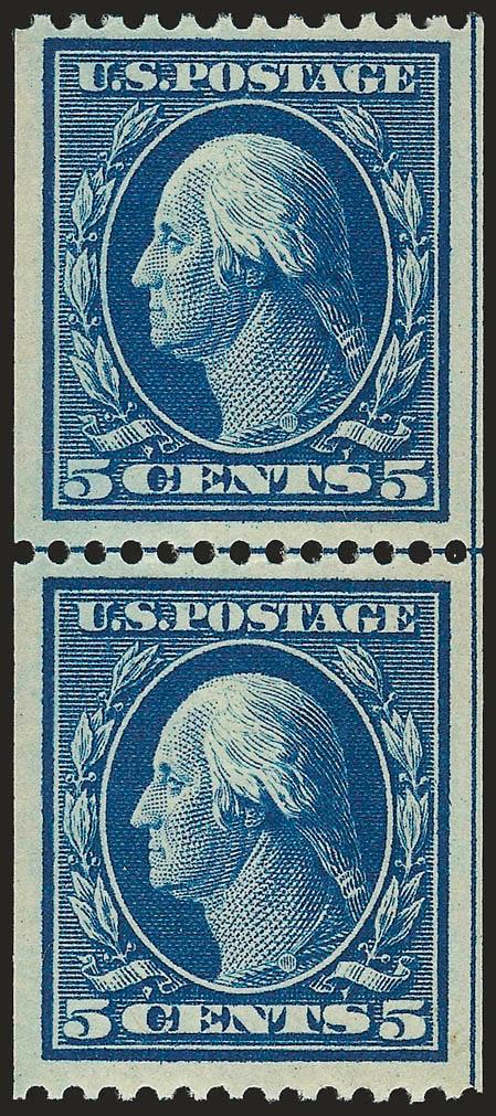 5c Blue, Coil (351).> Mint N.H. guide line pair, intense shade and impression, unusually wide and balanced margins, post-office fresh<><>^VERY FINE AND CHOICE. A BEAUTIFUL MINT NEVER-HINGED GUIDE LINE PAIR OF
THE 5-CENT PERF 12 DOUBLE-LINE WATERMAR