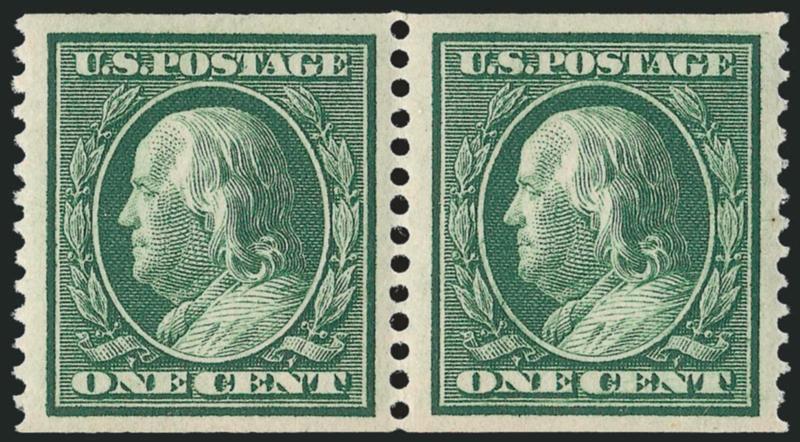 1c Green, Coil (352).> Mint N.H. pair with 3mm spacing, rich color, proof-like impression, choice centering with well-proportioned margins, fresh and Extremely Fine, ex Scarsdale, with 2000 P.F. and 2004 P.S.E.
certificates (XF 90 SMQ $1,200.00), on