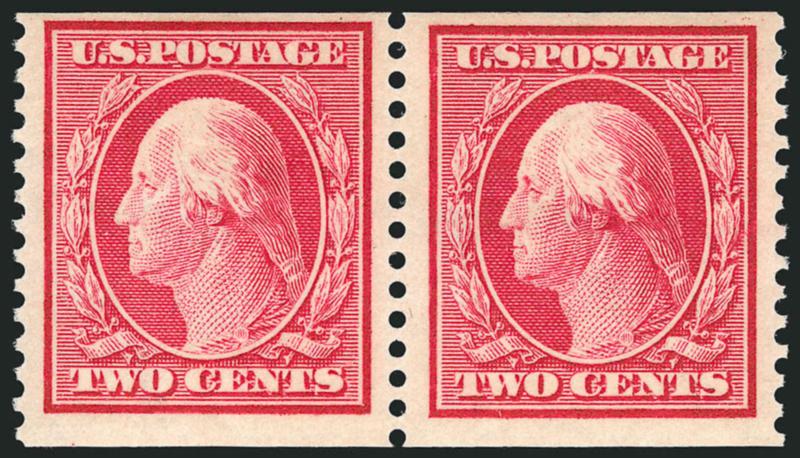 2c Carmine, Coil (353).> Mint N.H. pair with 3mm spacing, brilliant color, each stamp with three wide margins, fresh and Fine-Very Fine, with 1998 P.F. certificate
