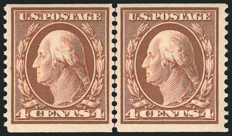 4c Orange Brown, Coil (354).> Mint N.H. guide line pair, deep rich color on bright paper, sharp proof-like impression<><>^VERY FINE AND CHOICE. A SCARCE MINT NEVER-HINGED GUIDE LINE PAIR OF THE 4-CENT 1909
HORIZONTAL COIL.^<><>A review of our com
