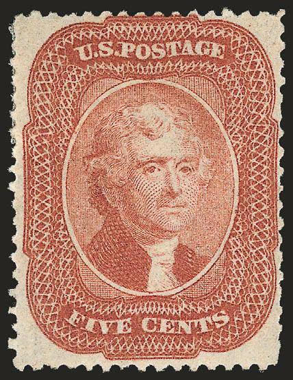 5c Brick Red (27).> Large part original gum which covers most of the back, lovely brilliant color in the distinctive Brick Red shade<><>^VERY FINE. AN EXTREMELY RARE SOUND ORIGINAL-GUM EXAMPLE OF THE 1857 5-CENT
BRICK RED SHADE -- IN OUR OPINION, T
