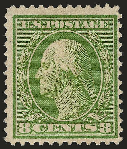 8c Olive Green, Bluish (363).> Lightly hinged, deep rich color on nicely blued paper<><>^FRESH AND FINE ORIGINAL-GUM EXAMPLE OF THE RARE 8-CENT WASHINGTON ON BLUISH PAPER.^<><>According to Johl (Vol. 1, page
175), the only source of the 4c and 8c