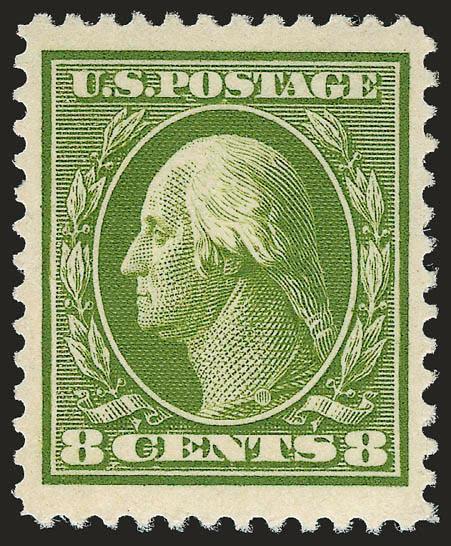 8c Olive Green (380).> Mint N.H., brilliant color on post-office fresh paper, detailed impression, Jumbo margins, Extremely Fine Gem, a gorgeous stamp, ex Floyd, with 1979 P.F. and 2008 P.S.E. certificates (XF
90 Jumbo SMQ $850.00 as 90, $2,500.00 a
