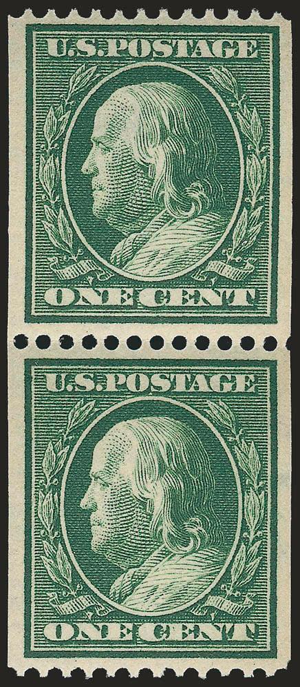 1c Green, Coil (385).> Mint N.H. pair, intense shade and impression, gorgeous centering, Extremely Fine, with 1990 P.F. and 2008 P.S.E. certificates (VF-XF 85 SMQ $345.00)