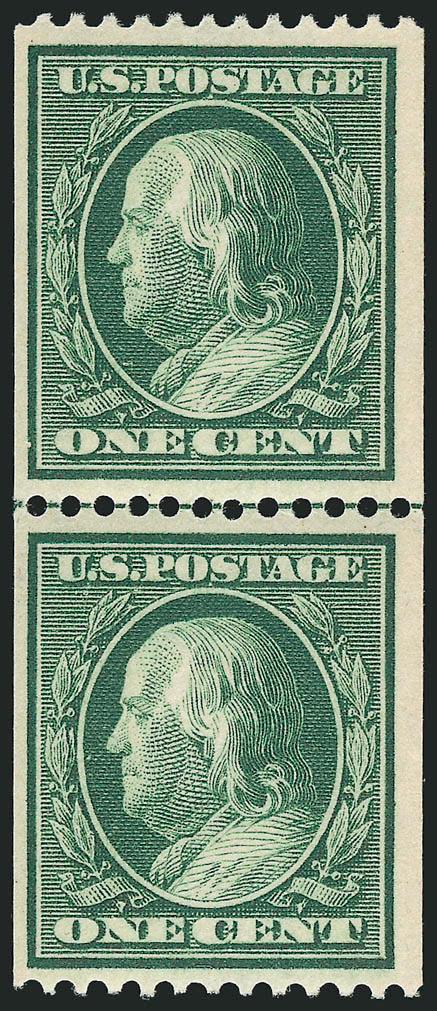 1c Green, Coil (385).> Mint N.H. guide line pair, fresh color, detailed impression, Very Fine, with 2000 P.F. certificate