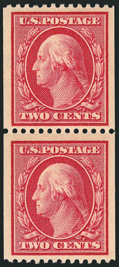 2c Carmine, Coil (386).> Mint N.H. pair, brilliant color, wide margins, Very Fine and choice, a pretty pair, with 1991 P.F. certificate