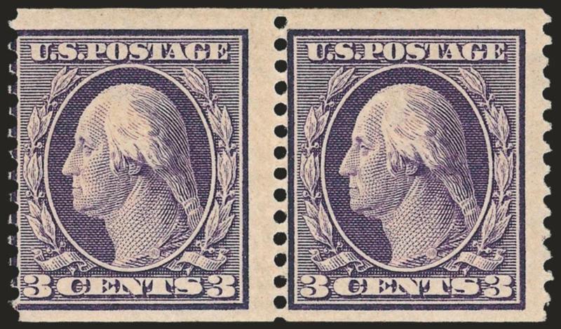 3c Deep Violet, Orangeburg Coil (389).> Pair, full original gum, deep rich color and proof-like impression, centered to left but completely sound<><>^FINE. AN EXCEEDINGLY RARE ORIGINAL-GUM PAIR OF THE 3-CENT
ORANGEBURG COIL, SCOTT 389. ONLY TWO UNU
