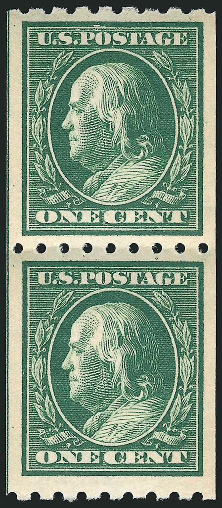 1c Green, Coil (390).> Mint N.H. pair, intense color, Jumbo and balanced margins, Extremely Fine Gem