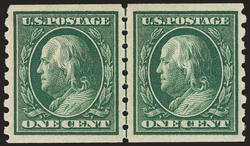 1c Green, Coil (392).> Mint N.H. guide line pair, deep rich color and sharp proof-like impression, beautiful centering with wide margins<><>^EXTREMELY FINE GEM. A SUPERB MINT NEVER-HINGED GUIDE LINE PAIR OF THE
1911 ONE-CENT HORIZONTAL COIL, SCOTT