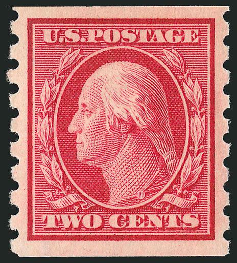 2c Carmine, Coil (393).> Mint N.H., brilliant color, gorgeous centering with wide margins, Extremely Fine Gem, a superb stamp in every respect, with 1996 P.F. and 2005 P.S.E. certificates (XF-Superb 95 SMQ
$630.00), only one has graded higher to dat