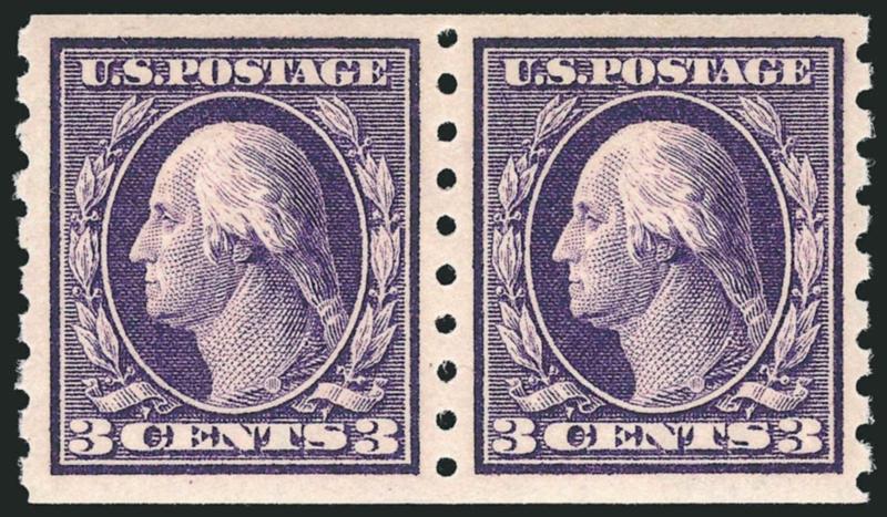 3c Deep Violet, Coil (394).> Mint N.H. pair with 3mm spacing, intense shade and impression, perfectly centered with wide margins, Extremely Fine Gem, with 2002 P.F. and 1999 and 2008 P.S.E. certificates (XF 90
SMQ $720.00), only two have graded high