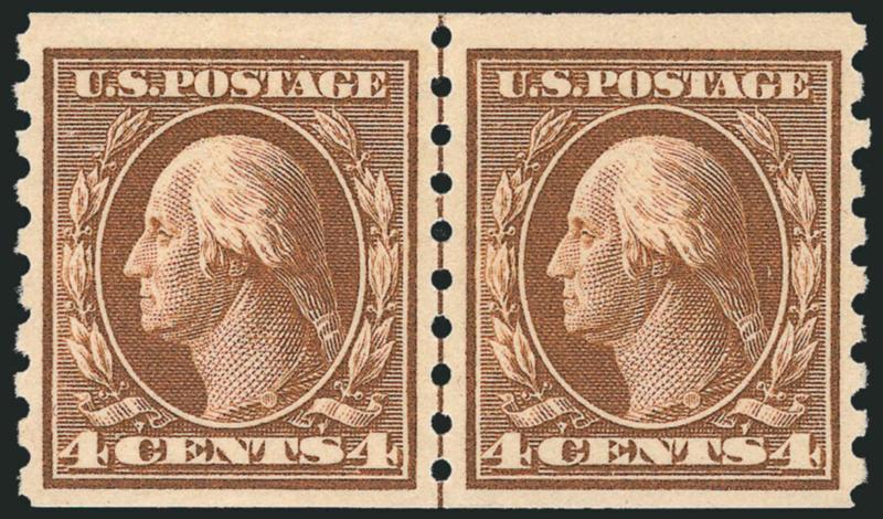 4c Brown, Coil (395).> Guide line pair, barest trace of hinging, bright shade, Very Fine and choice, with 1996 P.F. certificate stating that it is never hinged