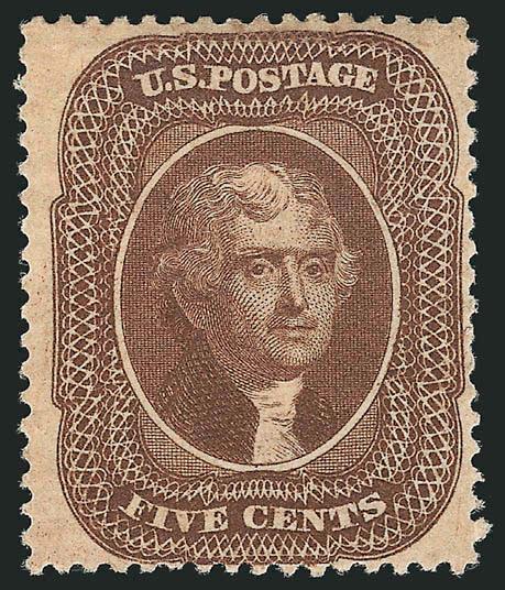 5c Brown, Ty. II (30A).> Original gum, pretty shade, detailed impression<><>^FINE.  A DESIRABLE ORIGINAL-GUM EXAMPLE OF THE 5-CENT TYPE II BROWN 1860 SHADE.^<><>With 2003 P.S.E. certificate