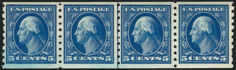5c Blue, Coil (396).> Mint N.H. guide line strip of four, intense shade and impression, Very Fine and choice, scarce guide line strip of four as most have been broken to furnish guide line pairs and singles to
collectors, with 2005 P.S.E. certificate
