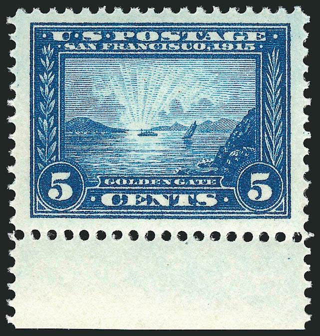 5c Panama-Pacific (399).> Mint N.H. with <selvage at bottom,> deep rich color and proof-like impression on bright paper, gorgeous centering, Extremely Fine Gem, a beautiful stamp, with 2001 P.F. and 2008 P.S.E.
certificates (XF 90 Jumbo SMQ $480.00