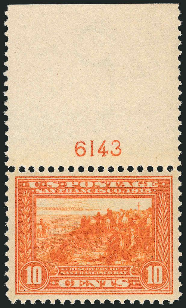 10c Orange, Panama-Pacific (400A).> Mint N.H. with <plate no. 6143> at top, intense color with tremendous eye appeal, well-proportioned margins, Extremely Fine Gem, a beautiful stamp, with 2003 P.F.
certificate